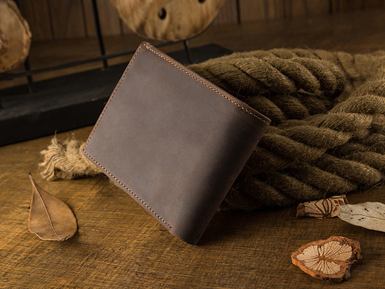 Men's Short Wallet Genuine Cow Leather Crazy Horse Original Handmade Retro Korean Fashion Men's Wallet 
