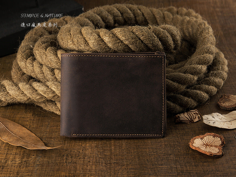 Men's Short Wallet Genuine Cow Leather Crazy Horse Original Handmade Retro Korean Fashion Men's Wallet 