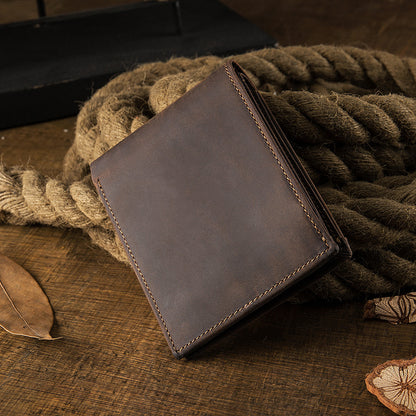 Men's Short Wallet Genuine Cow Leather Crazy Horse Original Handmade Retro Korean Fashion Men's Wallet 