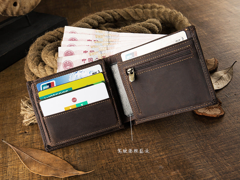 Men's Short Wallet Genuine Cow Leather Crazy Horse Original Handmade Retro Korean Fashion Men's Wallet 
