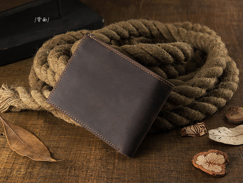 Men's Short Wallet Genuine Cow Leather Crazy Horse Original Handmade Retro Korean Fashion Men's Wallet 