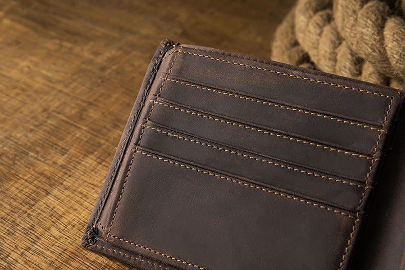 Men's Short Wallet Genuine Cow Leather Crazy Horse Original Handmade Retro Korean Fashion Men's Wallet 