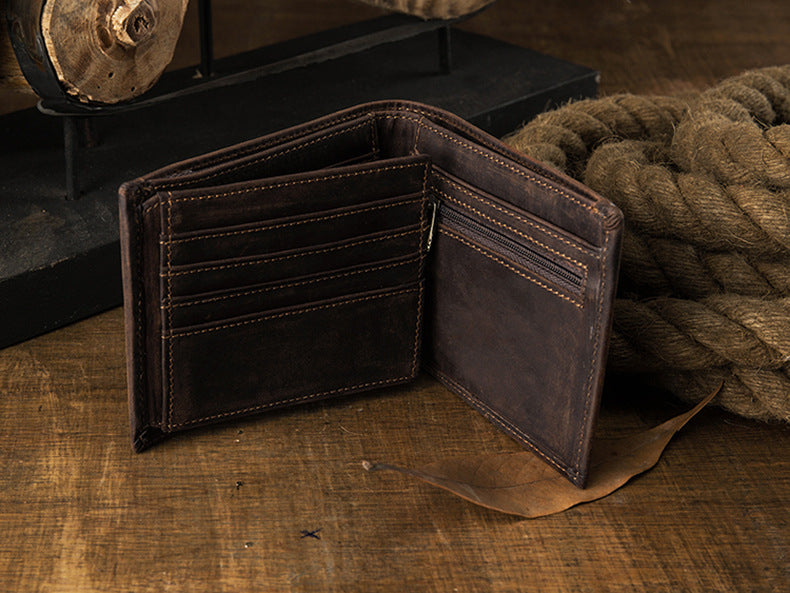 Men's Short Wallet Genuine Cow Leather Crazy Horse Original Handmade Retro Korean Fashion Men's Wallet 