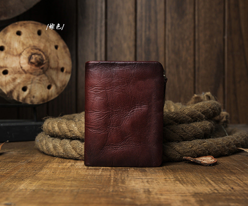 Men's short wallet, cowhide, genuine leather, handmade, original, casual, zipper, unique, Korean fashion, simple wallet for men 