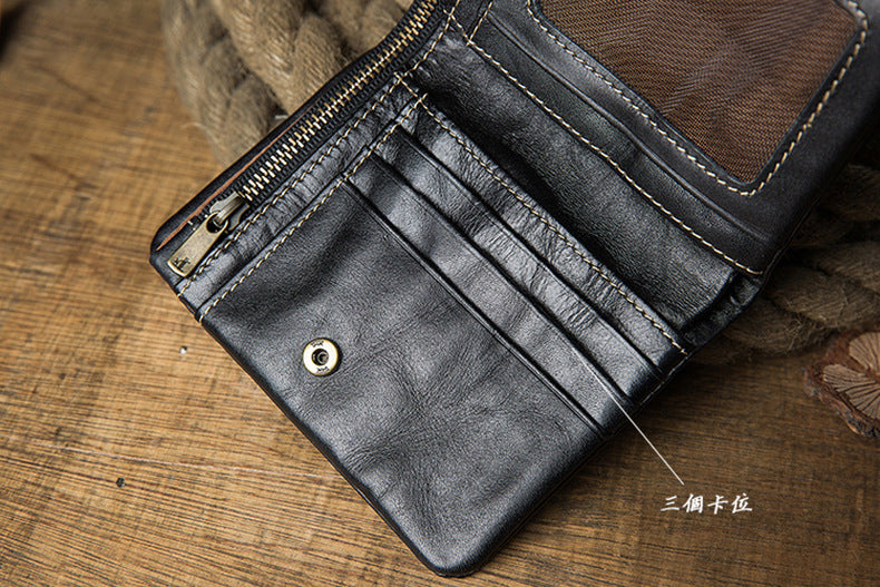 Men's short wallet, cowhide, genuine leather, handmade, original, casual, zipper, unique, Korean fashion, simple wallet for men 
