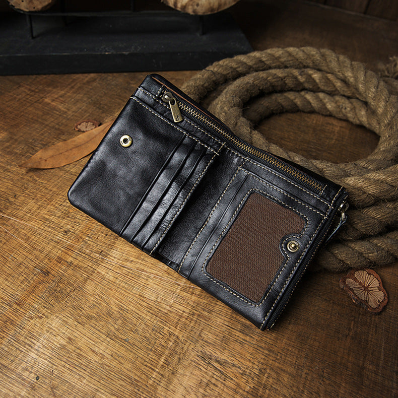 Men's short wallet, cowhide, genuine leather, handmade, original, casual, zipper, unique, Korean fashion, simple wallet for men 