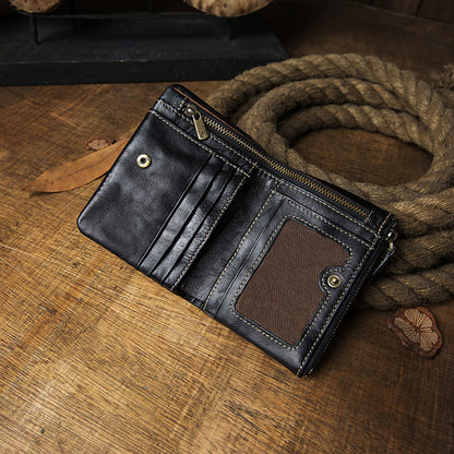 Men's short wallet, cowhide, genuine leather, handmade, original, casual, zipper, unique, Korean fashion, simple wallet for men 
