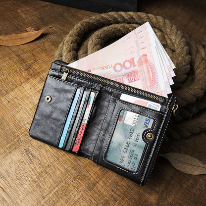Men's short wallet, cowhide, genuine leather, handmade, original, casual, zipper, unique, Korean fashion, simple wallet for men 