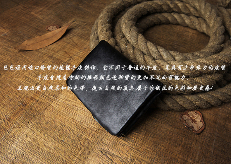 Men's short wallet, cowhide, genuine leather, handmade, original, casual, zipper, unique, Korean fashion, simple wallet for men 