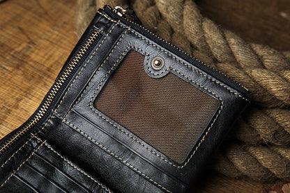 Men's short wallet, cowhide, genuine leather, handmade, original, casual, zipper, unique, Korean fashion, simple wallet for men 