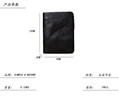 Men's short wallet, cowhide, genuine leather, handmade, original, casual, zipper, unique, Korean fashion, simple wallet for men 