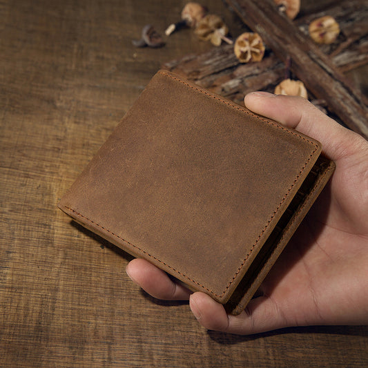 Men's short wallet made of genuine cowhide leather Crazy Horse Original casual simple thin Korean fashion unique wallet for men 
