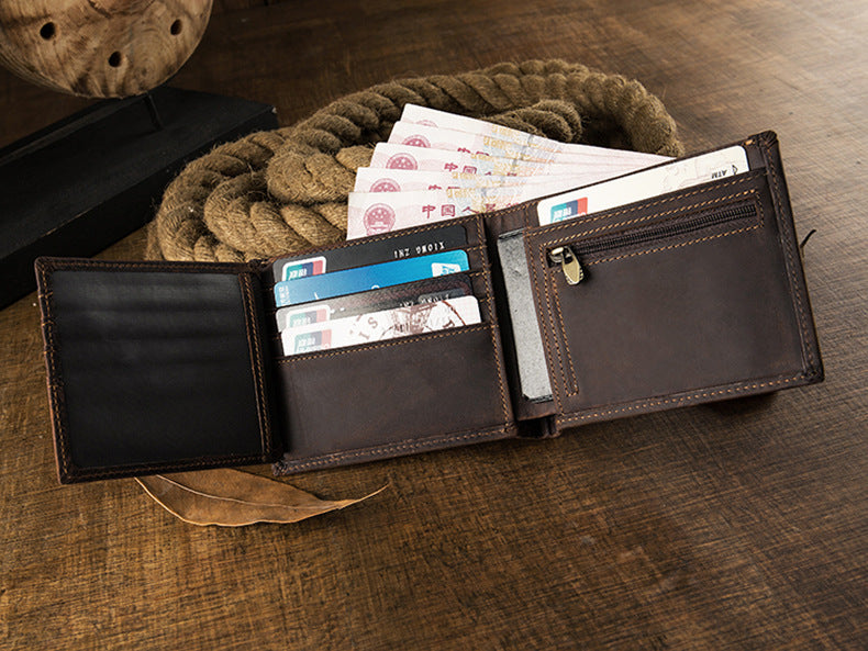 Men's Short Wallet Genuine Cow Leather Crazy Horse Original Handmade Retro Korean Fashion Men's Wallet 