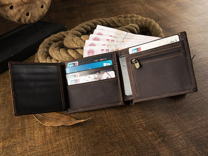Men's Short Wallet Genuine Cow Leather Crazy Horse Original Handmade Retro Korean Fashion Men's Wallet 