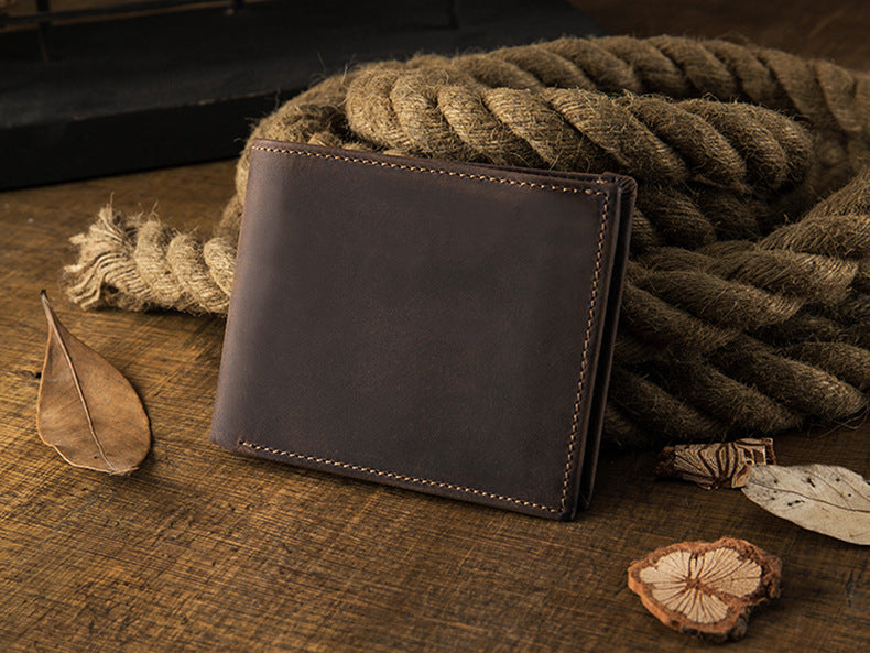 Men's Short Wallet Genuine Cow Leather Crazy Horse Original Handmade Retro Korean Fashion Men's Wallet 