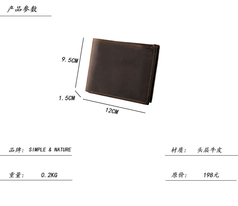 Men's Short Wallet Genuine Cow Leather Crazy Horse Original Handmade Retro Korean Fashion Men's Wallet 