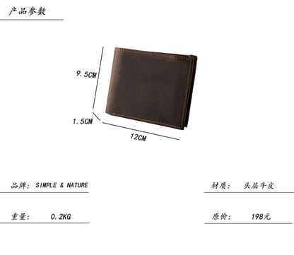 Men's Short Wallet Genuine Cow Leather Crazy Horse Original Handmade Retro Korean Fashion Men's Wallet 