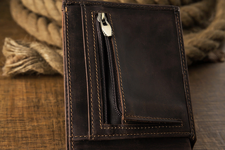 Men's Short Wallet Genuine Cow Leather Crazy Horse Original Handmade Retro Korean Fashion Men's Wallet 