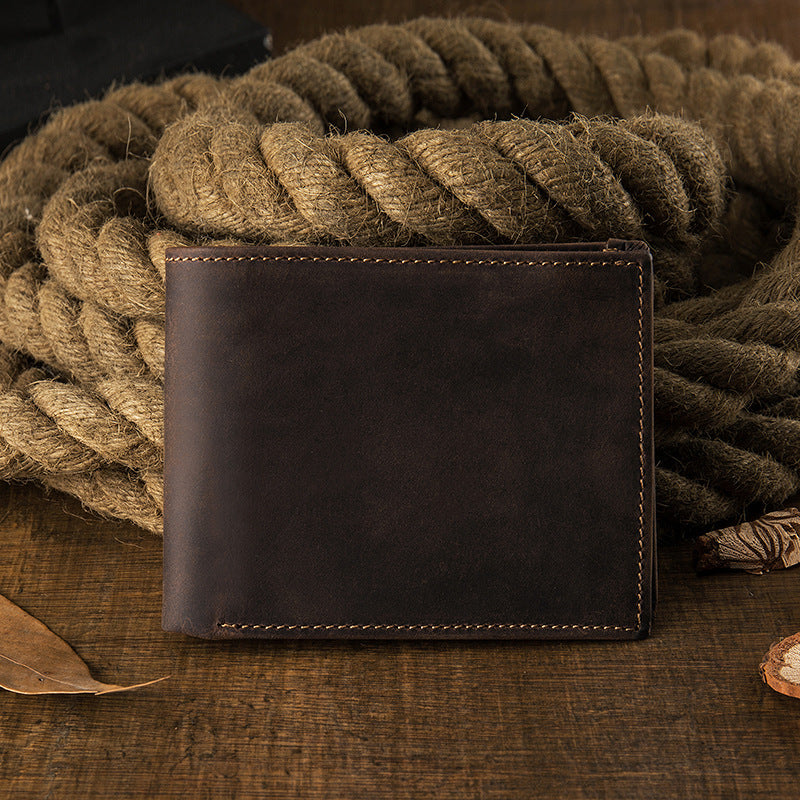 Men's Short Wallet Genuine Cow Leather Crazy Horse Original Handmade Retro Korean Fashion Men's Wallet 