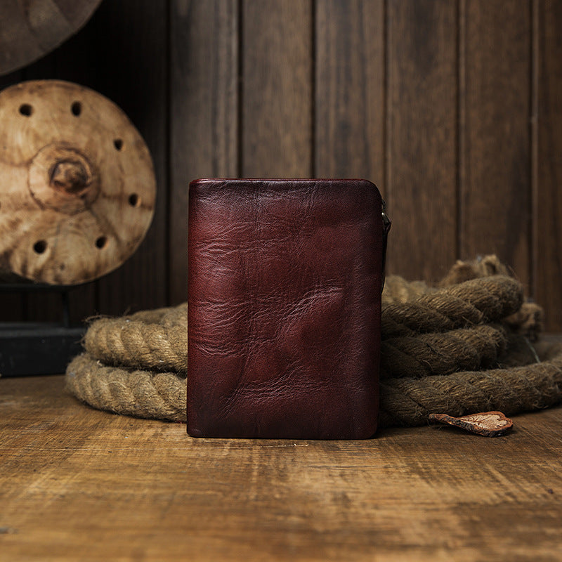 Men's short wallet, cowhide, genuine leather, handmade, original, casual, zipper, unique, Korean fashion, simple wallet for men 