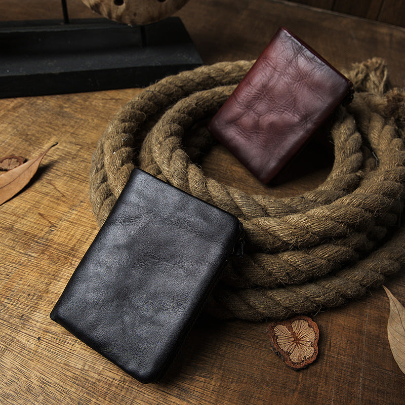 Men's short wallet, cowhide, genuine leather, handmade, original, casual, zipper, unique, Korean fashion, simple wallet for men 