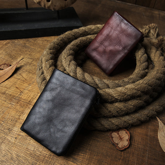 Men's short wallet, cowhide, genuine leather, handmade, original, casual, zipper, unique, Korean fashion, simple wallet for men 