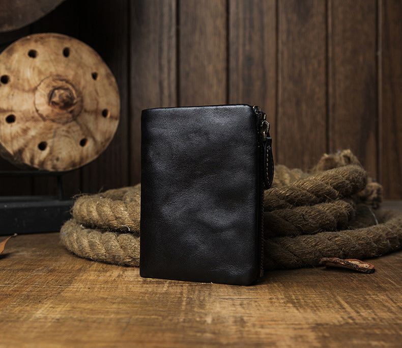 Men's short wallet, cowhide, genuine leather, handmade, original, casual, zipper, unique, Korean fashion, simple wallet for men 