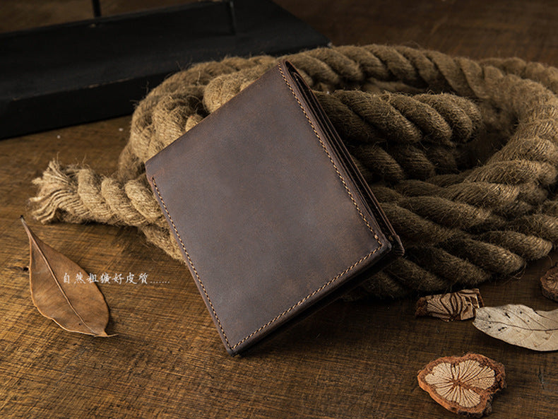 Men's Short Wallet Genuine Cow Leather Crazy Horse Original Handmade Retro Korean Fashion Men's Wallet 