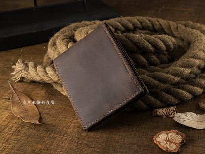 Men's Short Wallet Genuine Cow Leather Crazy Horse Original Handmade Retro Korean Fashion Men's Wallet 
