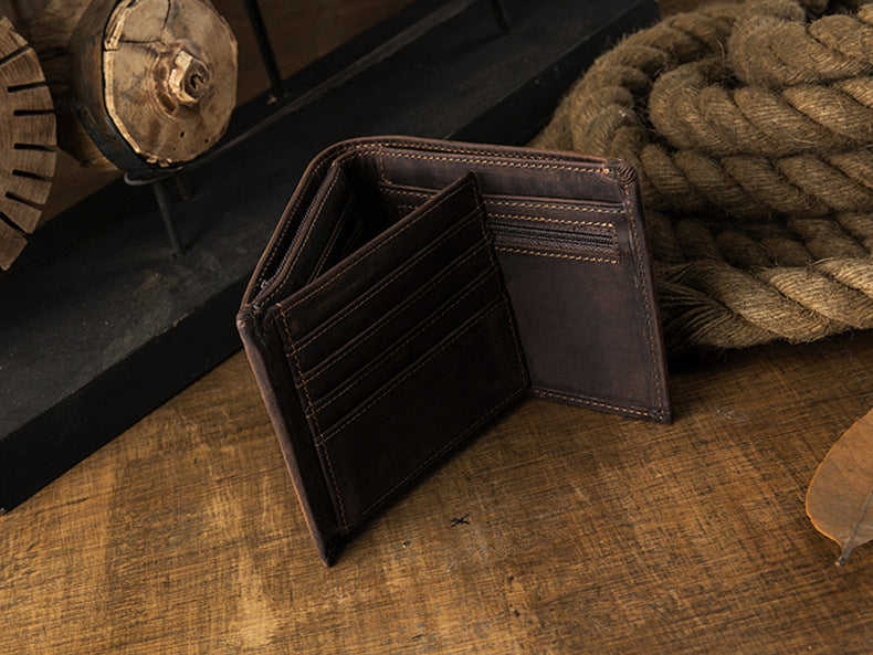 Men's Short Wallet Genuine Cow Leather Crazy Horse Original Handmade Retro Korean Fashion Men's Wallet 
