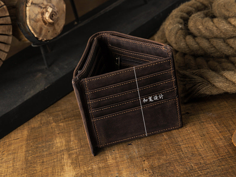 Men's Short Wallet Genuine Cow Leather Crazy Horse Original Handmade Retro Korean Fashion Men's Wallet 