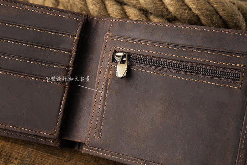 Men's Short Wallet Genuine Cow Leather Crazy Horse Original Handmade Retro Korean Fashion Men's Wallet 
