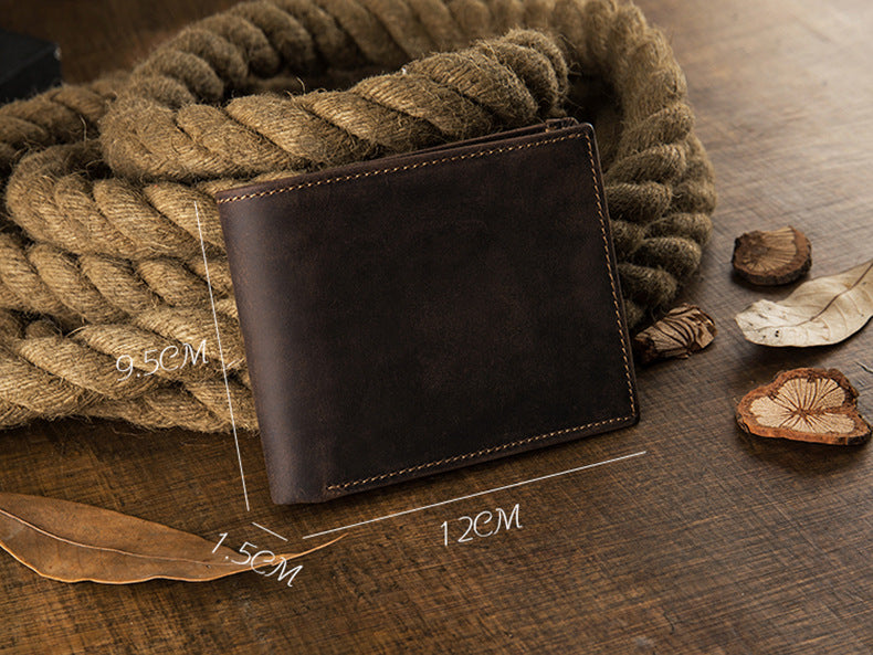 Men's Short Wallet Genuine Cow Leather Crazy Horse Original Handmade Retro Korean Fashion Men's Wallet 