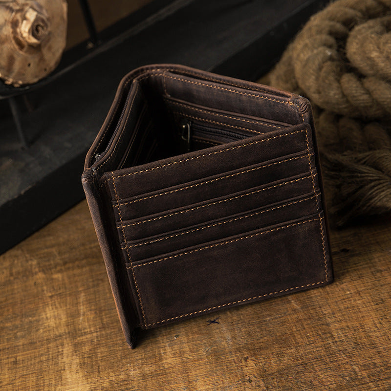Men's Short Wallet Genuine Cow Leather Crazy Horse Original Handmade Retro Korean Fashion Men's Wallet 