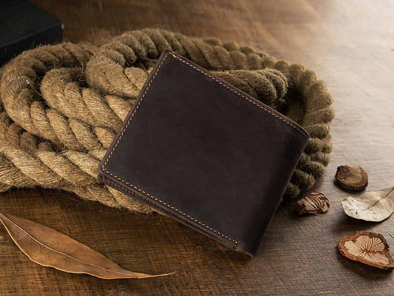 Men's Short Wallet Genuine Cow Leather Crazy Horse Original Handmade Retro Korean Fashion Men's Wallet 