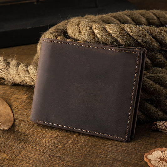 Men's Short Wallet Genuine Cow Leather Crazy Horse Original Handmade Retro Korean Fashion Men's Wallet 