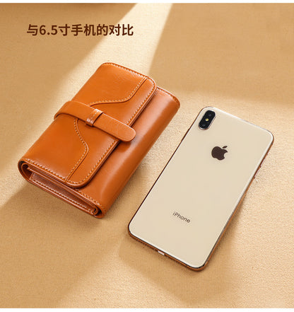 Wallet Women Short Type Trifold Wallet Retro Oil Wax Genuine Leather Coin Purse That Goes With Anything Multifunctional Ladies Wallet