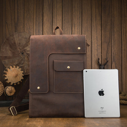 Men's Rucksack Cowhide Genuine Leather Handmade Unique Fashion Casual Travel Bag Computer Bag 