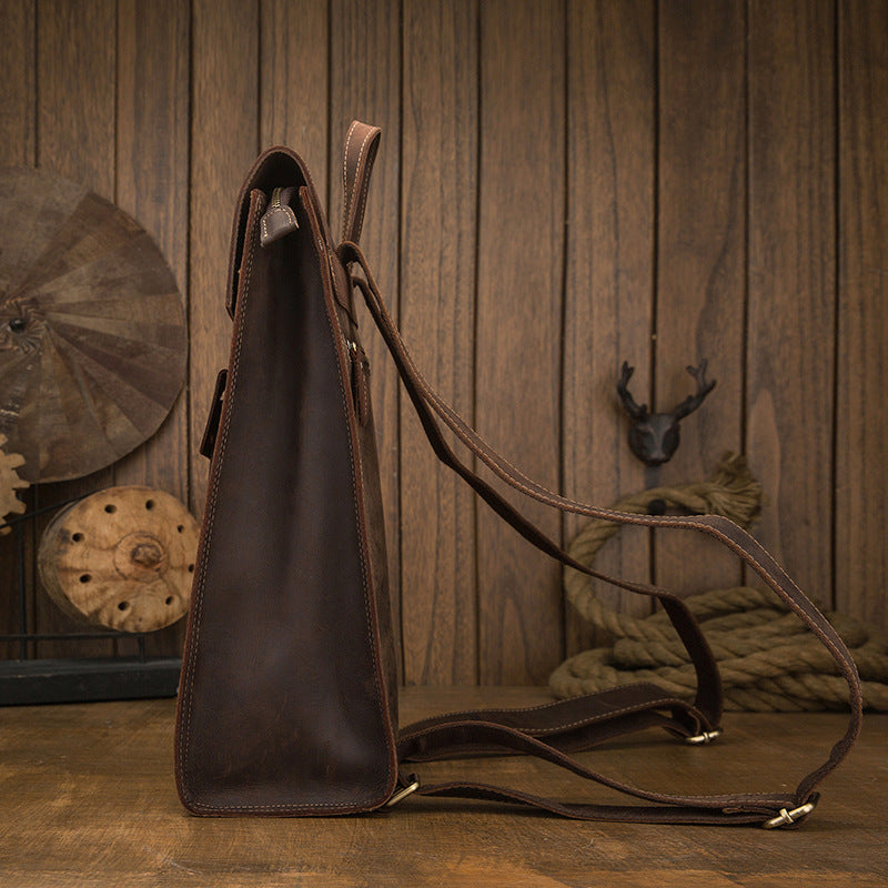 Men's Rucksack Cowhide Genuine Leather Handmade Unique Fashion Casual Travel Bag Computer Bag 