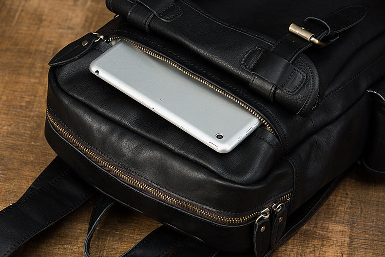 Men's Rucksack Handmade Cowhide Genuine Leather Casual Travel Bag Computer Bag Simple Fashion Unisex Bag 