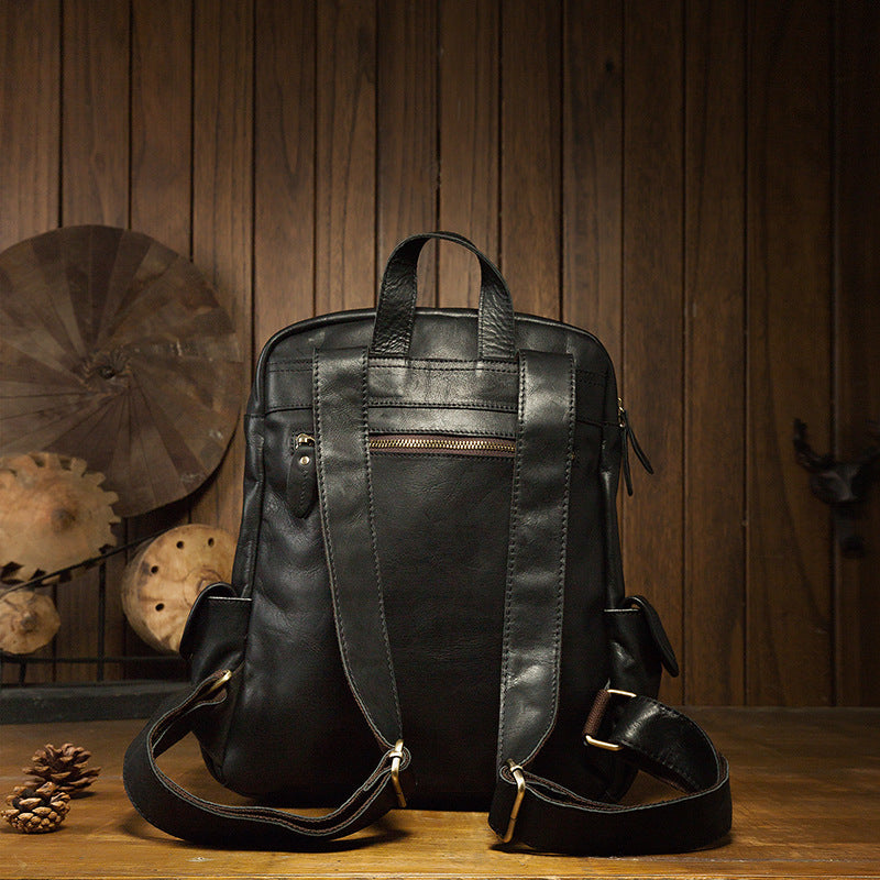 Men's Rucksack Handmade Cowhide Genuine Leather Casual Travel Bag Computer Bag Simple Fashion Unisex Bag 