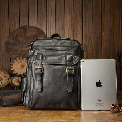 Men's Rucksack Handmade Cowhide Genuine Leather Casual Travel Bag Computer Bag Simple Fashion Unisex Bag 