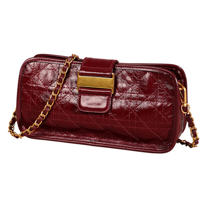Women's Bag Genuine Leather Plaid Top Cowhide Retro Chain Bag Broadband Square Bag Elegant Shoulder Bag.Pochette