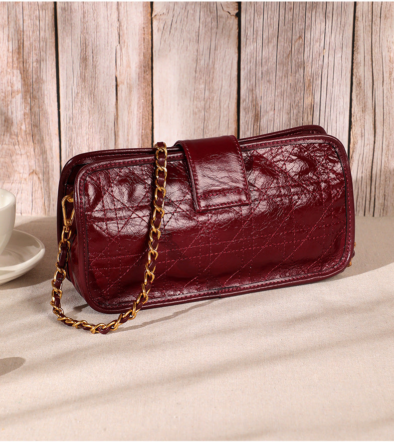 Women's Bag Genuine Leather Plaid Top Cowhide Retro Chain Bag Broadband Square Bag Elegant Shoulder Bag.Pochette