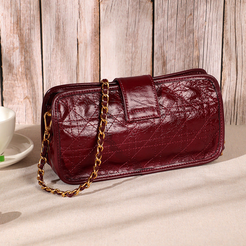 Women's Bag Genuine Leather Plaid Top Cowhide Retro Chain Bag Broadband Square Bag Elegant Shoulder Bag.Pochette
