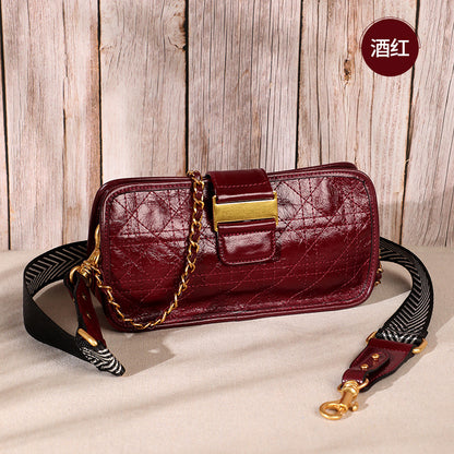 Women's Bag Genuine Leather Plaid Top Cowhide Retro Chain Bag Broadband Square Bag Elegant Shoulder Bag.Pochette