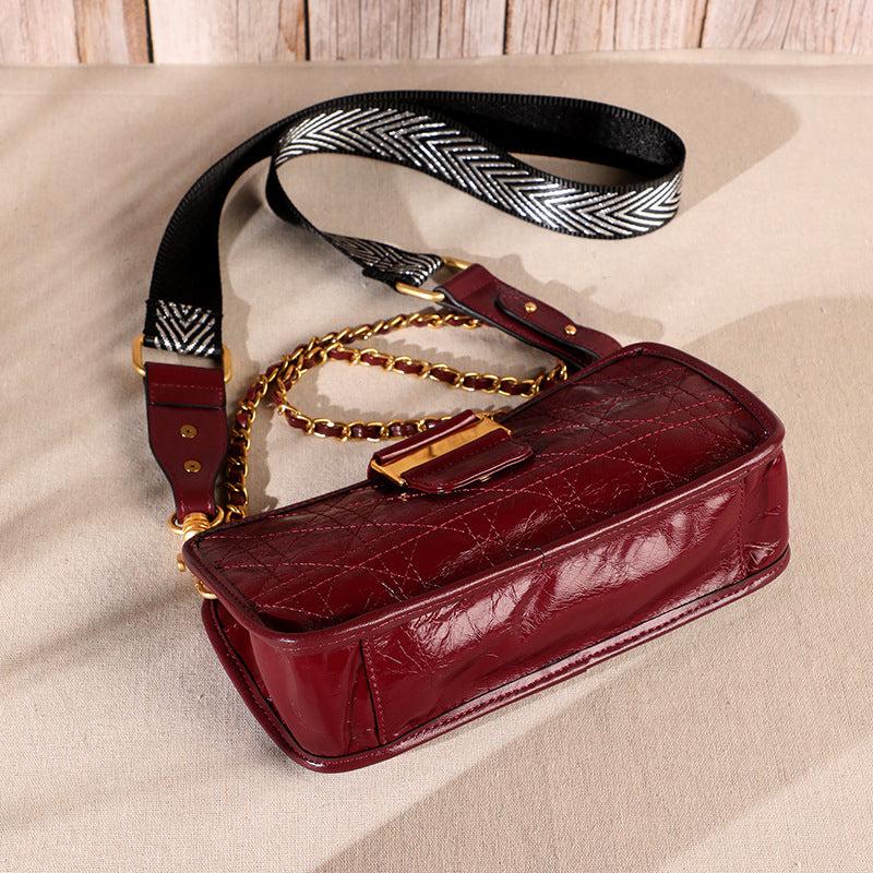Women's Bag Genuine Leather Plaid Top Cowhide Retro Chain Bag Broadband Square Bag Elegant Shoulder Bag.Pochette