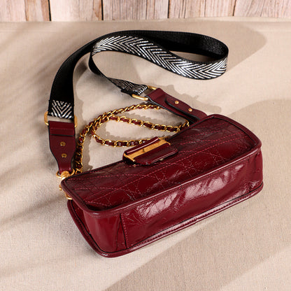 Women's Bag Genuine Leather Plaid Top Cowhide Retro Chain Bag Broadband Square Bag Elegant Shoulder Bag.Pochette