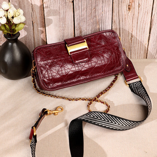 Women's Bag Genuine Leather Plaid Top Cowhide Retro Chain Bag Broadband Square Bag Elegant Shoulder Bag.Pochette