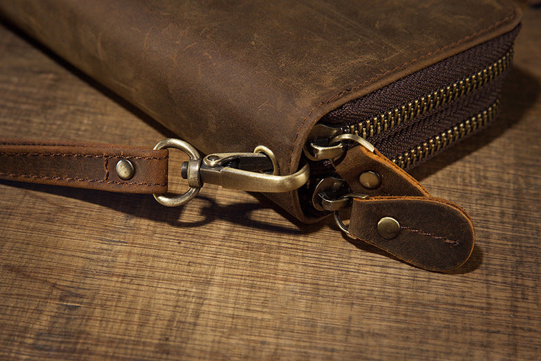 Men's long wallet original Crazy Horse cowhide genuine leather double zipper card holder large capacity retro men's clutch bag handbag 